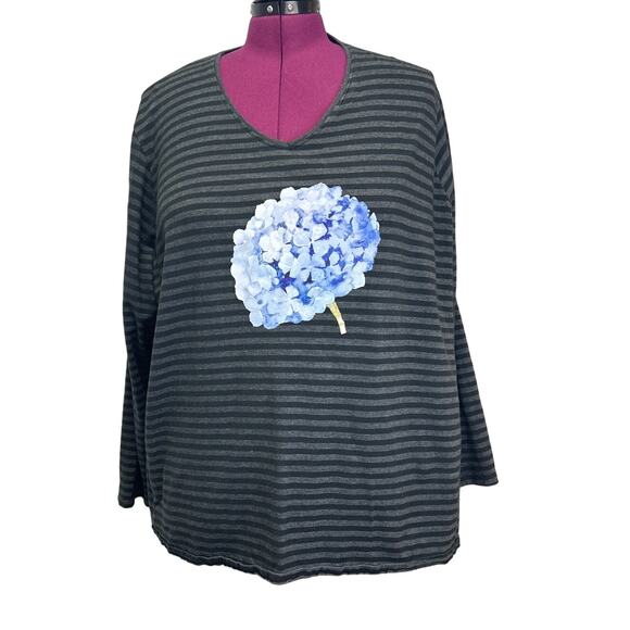 Hand Printed Upcycled Womens 5X Hydrangea Floral Striped Long Sleeve Tee Shirt - Picture 1 of 4